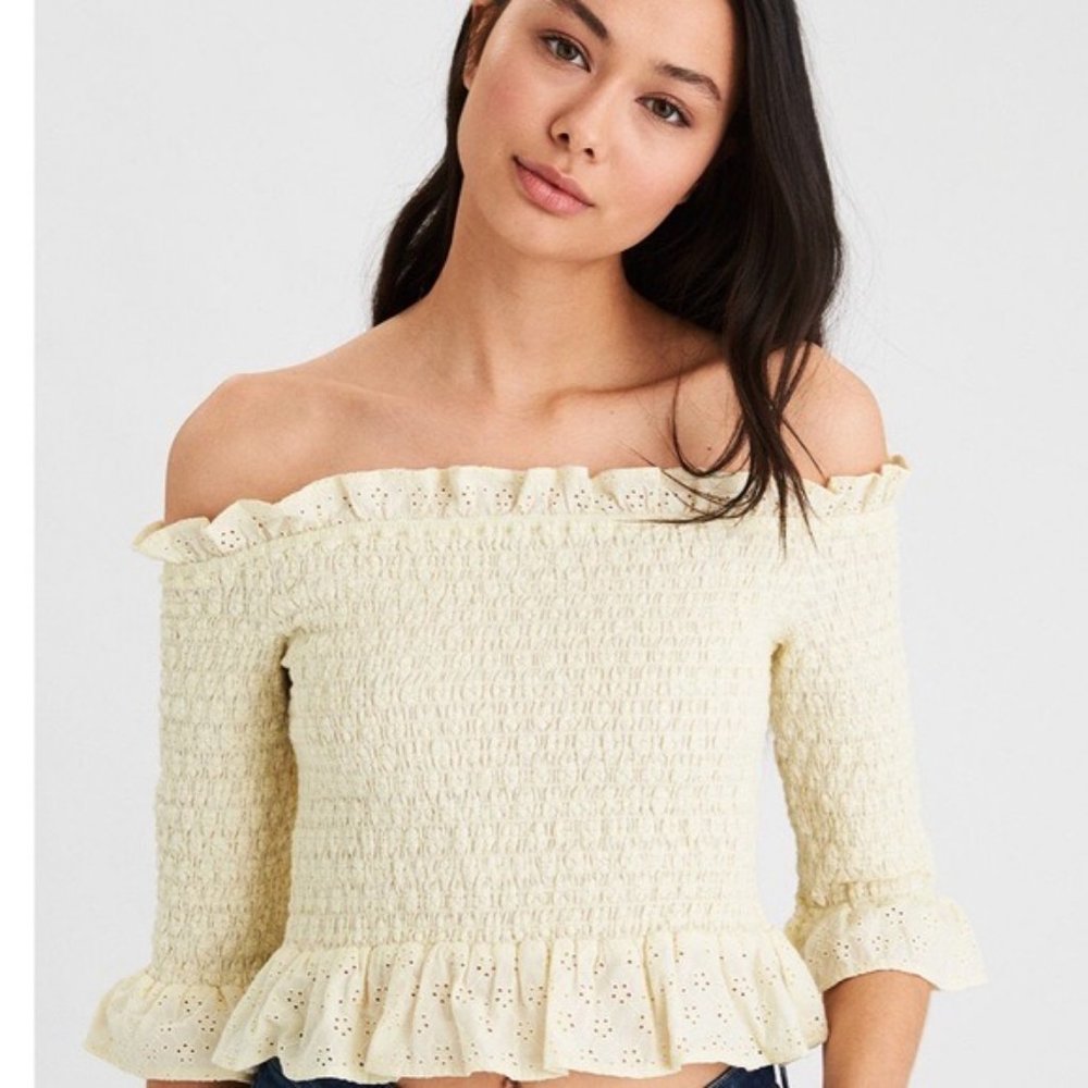 New American Eagle Y2K Smocked Off the Shoulder Top Medium Yellow Shirt